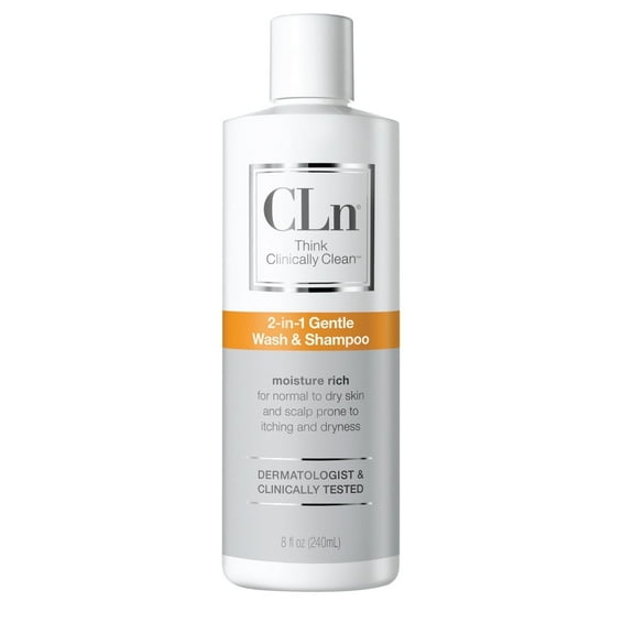 CLn 2-in-1 Gentle Wash & Shampoo, 8 fl oz, Hydrating Body Wash & Clarifying Shampoo for Sensitive Skin