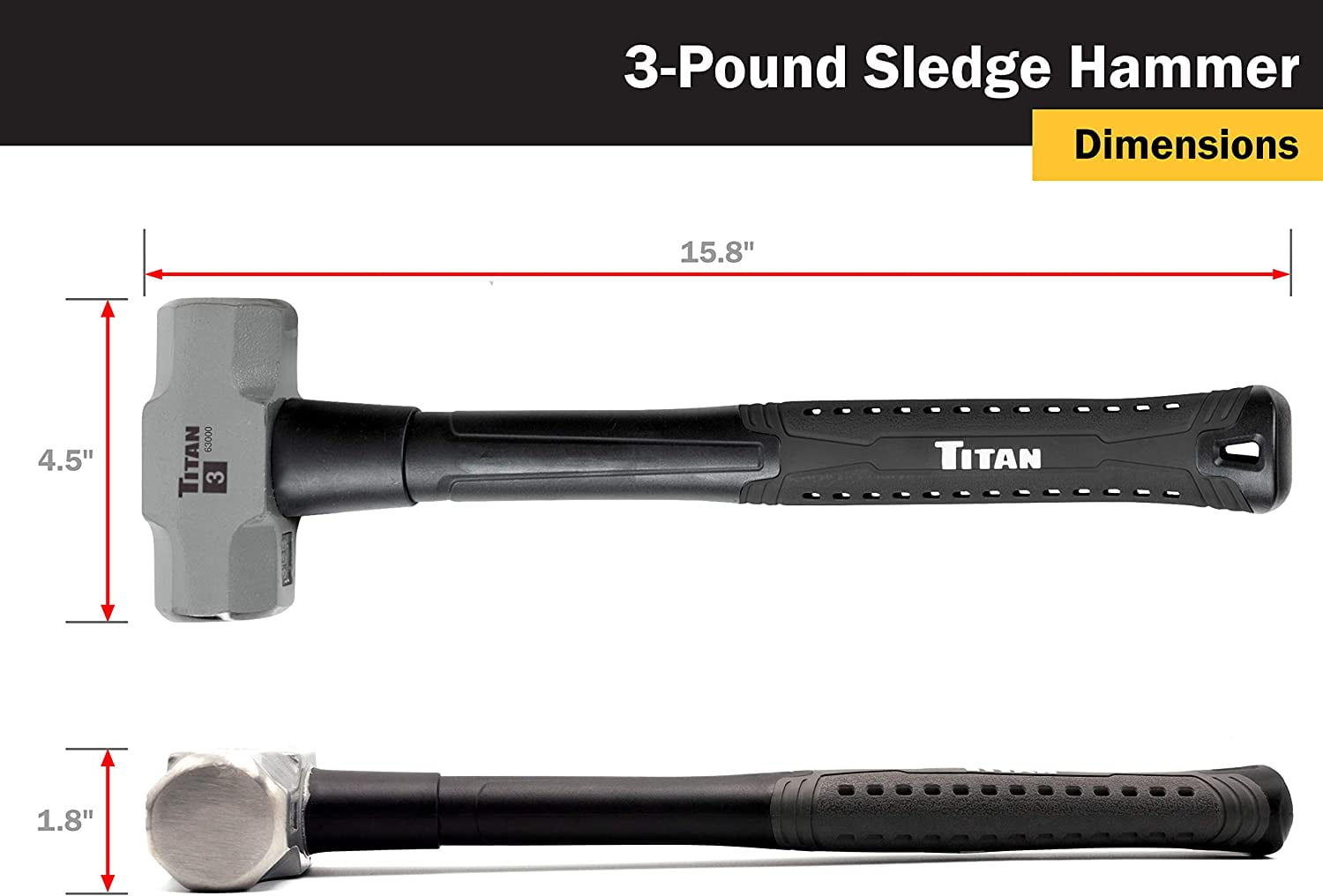 RGHJAR-63000 3lb Sledge Hammer, Forged Steel Head, Overstrike Protection, Sledgehammer with 16" Shock Absorbing Fiberglass Handle with Textured Grip