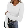 thumbnail image 2 of DAFPZW Women V-Neck Button Tight Top with Thumb Holes Solid Color Long Sleeve Slim-Fit Basic Tee Shirts Casual Fall Blouse, 2 of 9