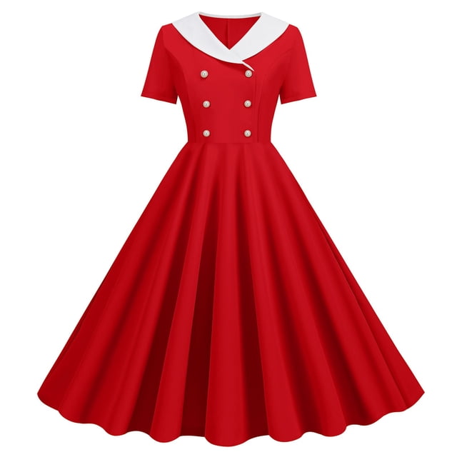 B91xZ Robe d'Invité de Mariage Été Manches Courtes Col Rond Décontractée Ample Plissée à Volants Midi avec Poches, Rouge m