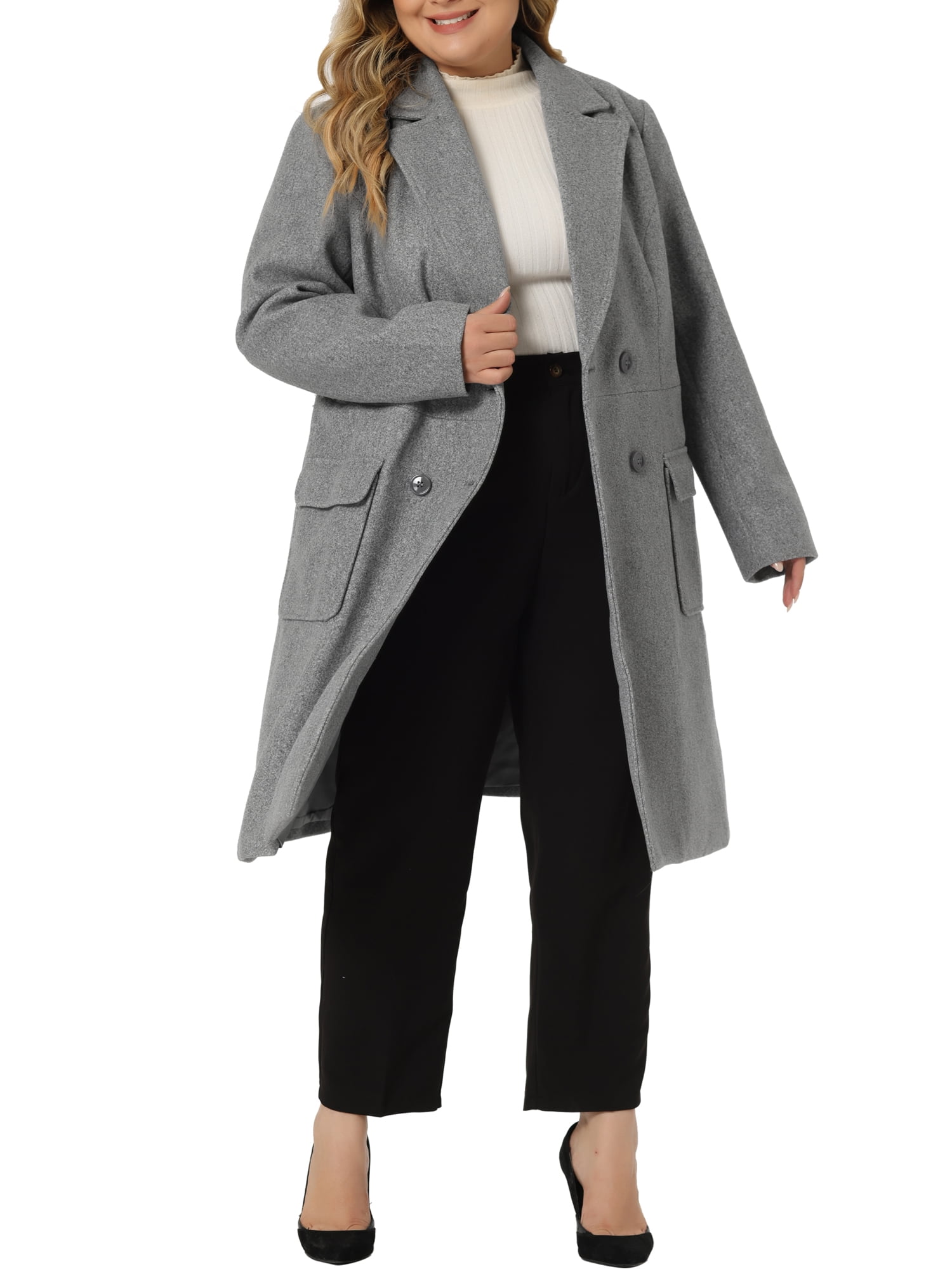 Unique Bargains Women's Plus Notched Lapel Double Breasted Long Coat Gray 3X