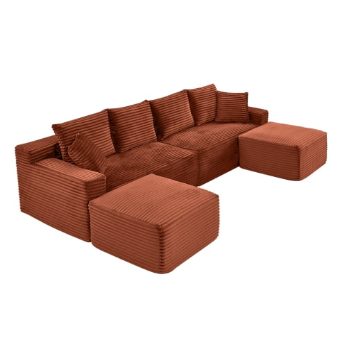 115" U-Shaped Boneless Sectional Sofa with Chaise and Ottoman, Deep Seat Plush Corduroy, No Assembly Required, Orange