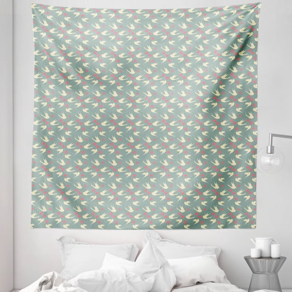 Romantic Tapestry, Birds Flying with Little Hearts Love Theme Valentines Day Pattern, Fabric Wall Hanging Decor for Bedroom Living Room Dorm, 5 Sizes, Jade Green Pale Pink, by Ambesonne