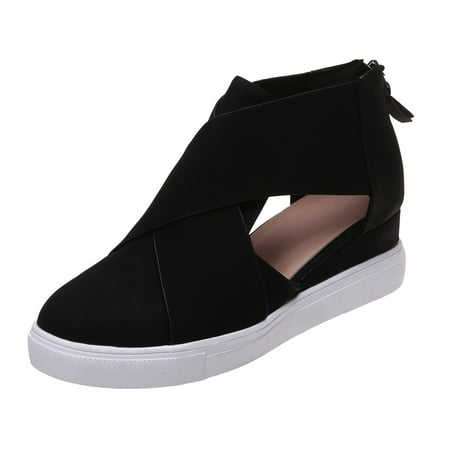 

XINSHIDE Shoes Womens Summer Hollow Out Non Slip Wedges Round Toe Breathable Zipper Lazy Leather Shoes Sandals Leisure Shoes