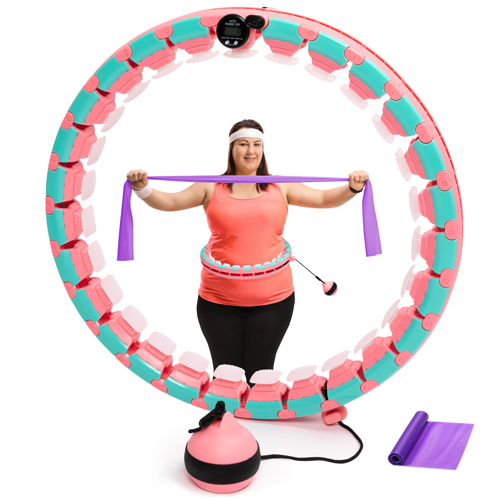 Pink & Green/Max Waist to 51 Smart Hoola Fitness Hoop for Weight Loss Weighted Hula Exercise Hoops Plus Size 27 Detachable Knots Pilates Circles with Spinning Ball and LCD Rotation Counter 