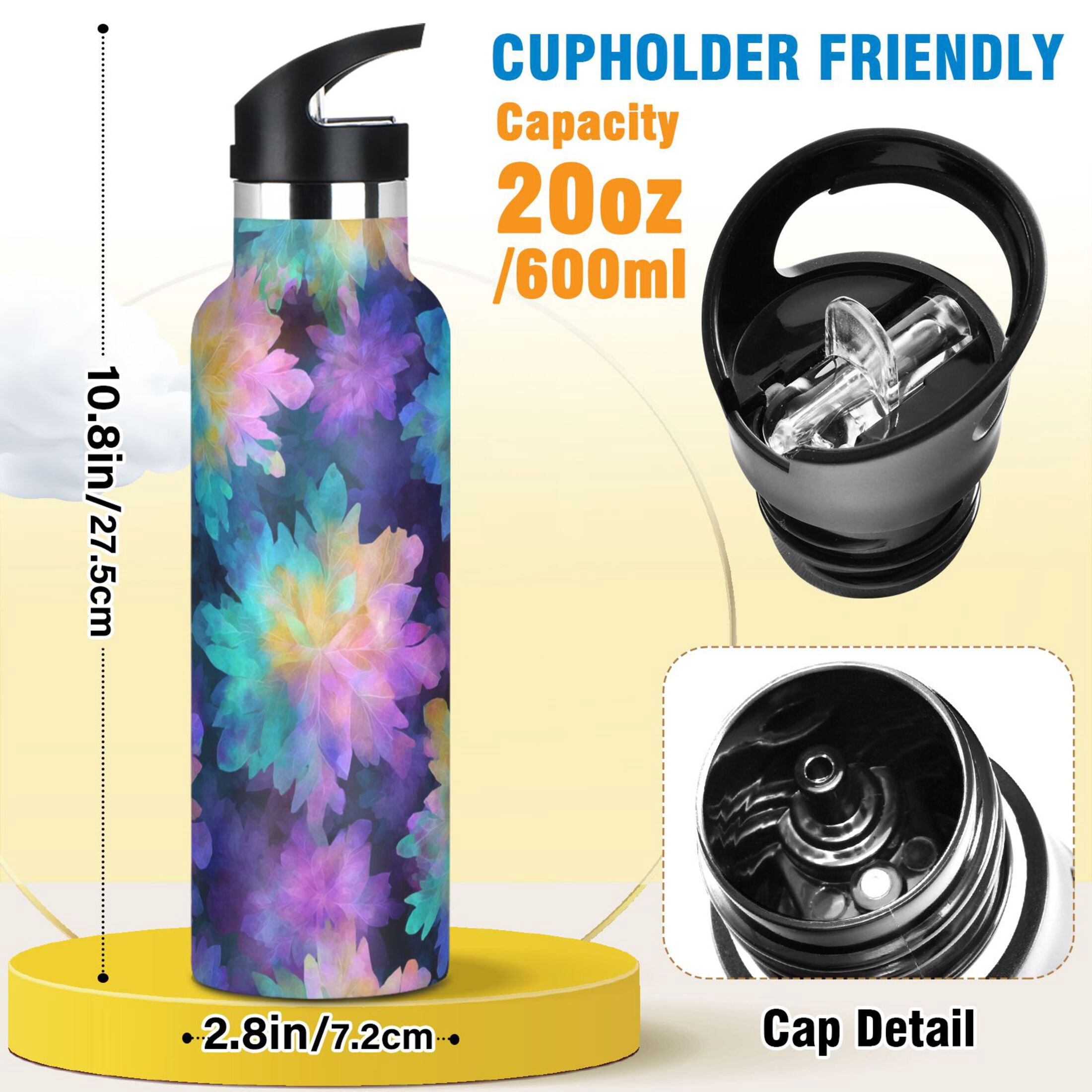 600ML Stainless Steel Insulated Cup Sports Water Bottle Portable Thermos Cup Water Glasses Insulated Tumblers Convenient and Durable Purple Tie-dye