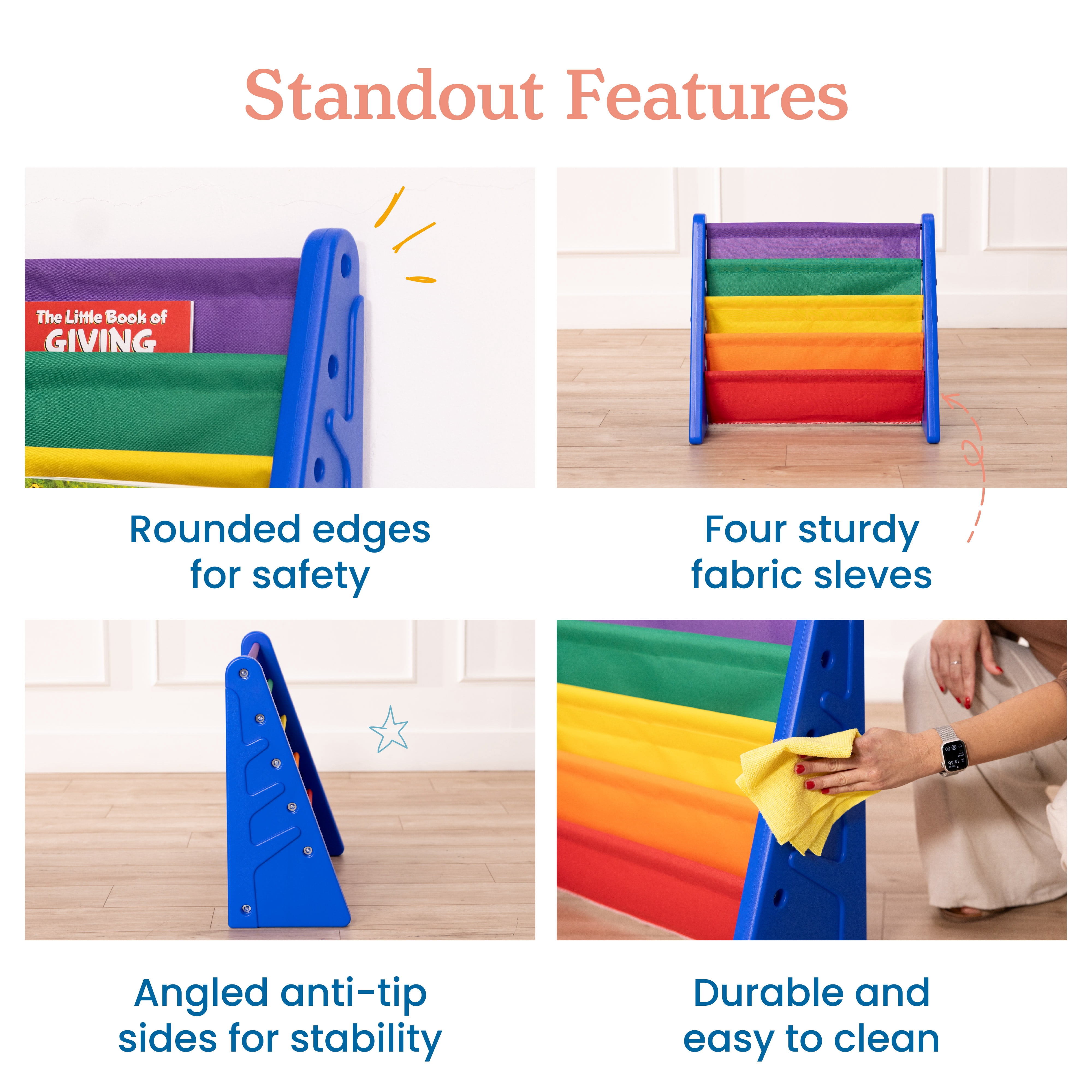 ECR4Kids 4-Tier Sling Book Display with Deep Fabric Pockets, Primary