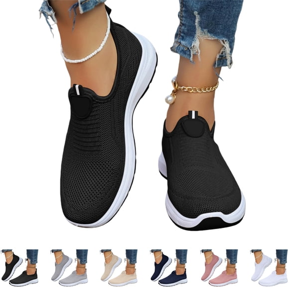 YOUYEDIAN Orthopedic Athletic Shoes for Women Spring Casual Slip on Non Slip Arch Support Sneakers Wide Comfy Mesh Closed Toe Shoes (Black)
