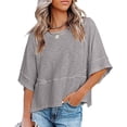 thumbnail image 1 of Mujer Verano Top Cuello Redondo Mangas 3/4 Campana Suelta Color Puro Camiseta Casual Gris XXL, 1 of 6