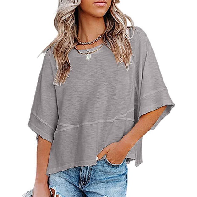 Mujer Verano Top Cuello Redondo Mangas 3/4 Campana Suelta Color Puro Camiseta Casual Gris XXL