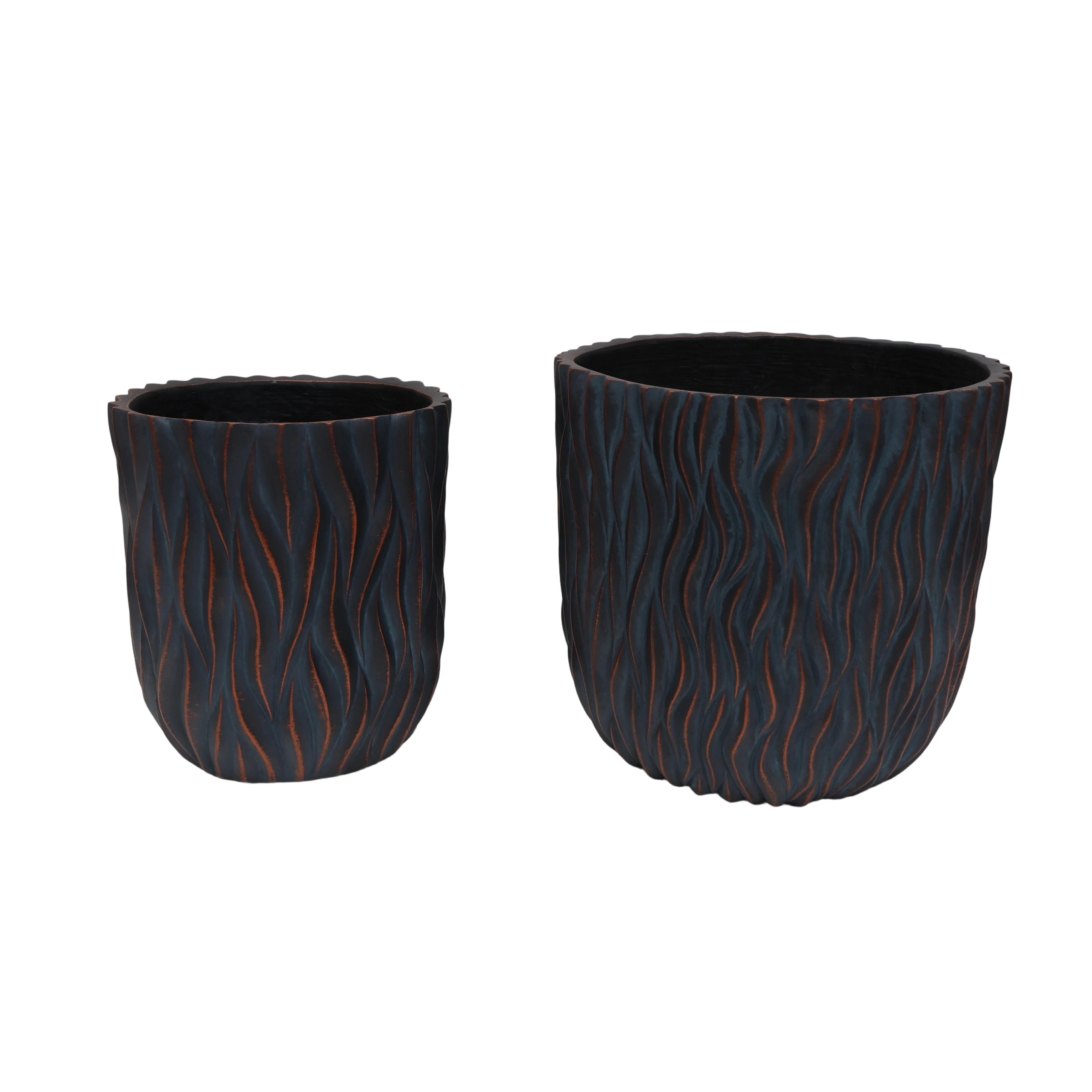 Set of 2 Round Magnesium Oxide Planters with Drainage Holes, Lightweight Concrete-Like Plant Pots for Indoor and Outdoor, Copper and Grey-Blue