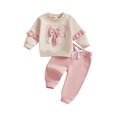 thumbnail image 2 of Loicainy Baby Toddler Girls 2-piece Outfit, 6 12 18 24 Months 2T 3T Long Sleeve Crew Neck Bow Sweatshirt with Elastic Waist Sweatpants Fall Clothes Set, 2 of 9