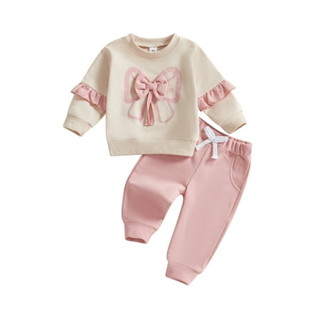 

Licupiee Toddler Baby Girl Outfits 3D Bow Love Print Sweatshirt Solid Color Joggers Trouser Fall Winter Cute Clothes Set 0-3T