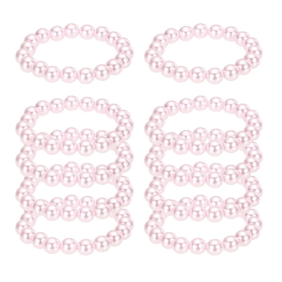 10 Pcs White Pearl Bracelets for Women, 10mm Stackable Faux Pearl Beads Stretch Bracelet for Lady Bridal Bridesmaid Wedding Party Gifts, Pink