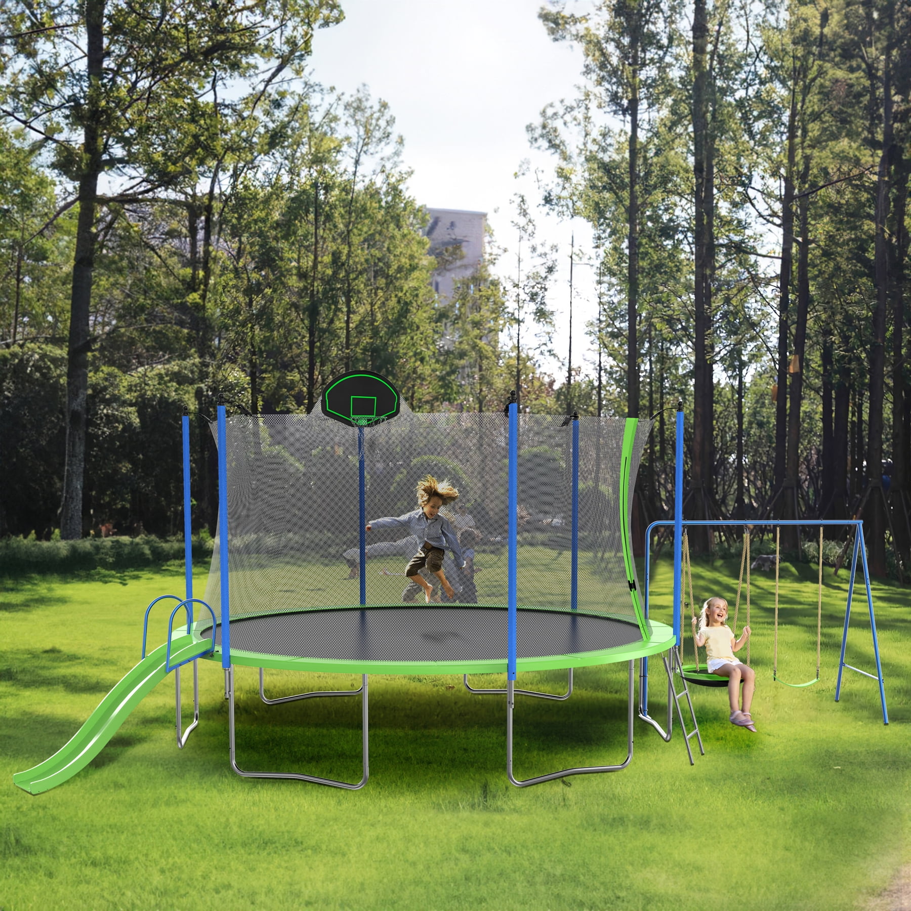 Arspjes 14FT Trampoline with Slide and Swings,Outdoor Large Recreational Trampoline with Safety Enclosure Net,Round Backyard Trampoline with Basketball Hoop and Ladder for Kids and Adults,Green