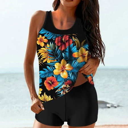 Maqroz Women s Tankini Suits 2025 Tummy Control Swimsuit Two Piece Graphic Bathing Suit Tank Top with High Waisted Boyshorts Swimsuit for Women Women s Bathing Suits On Clearance