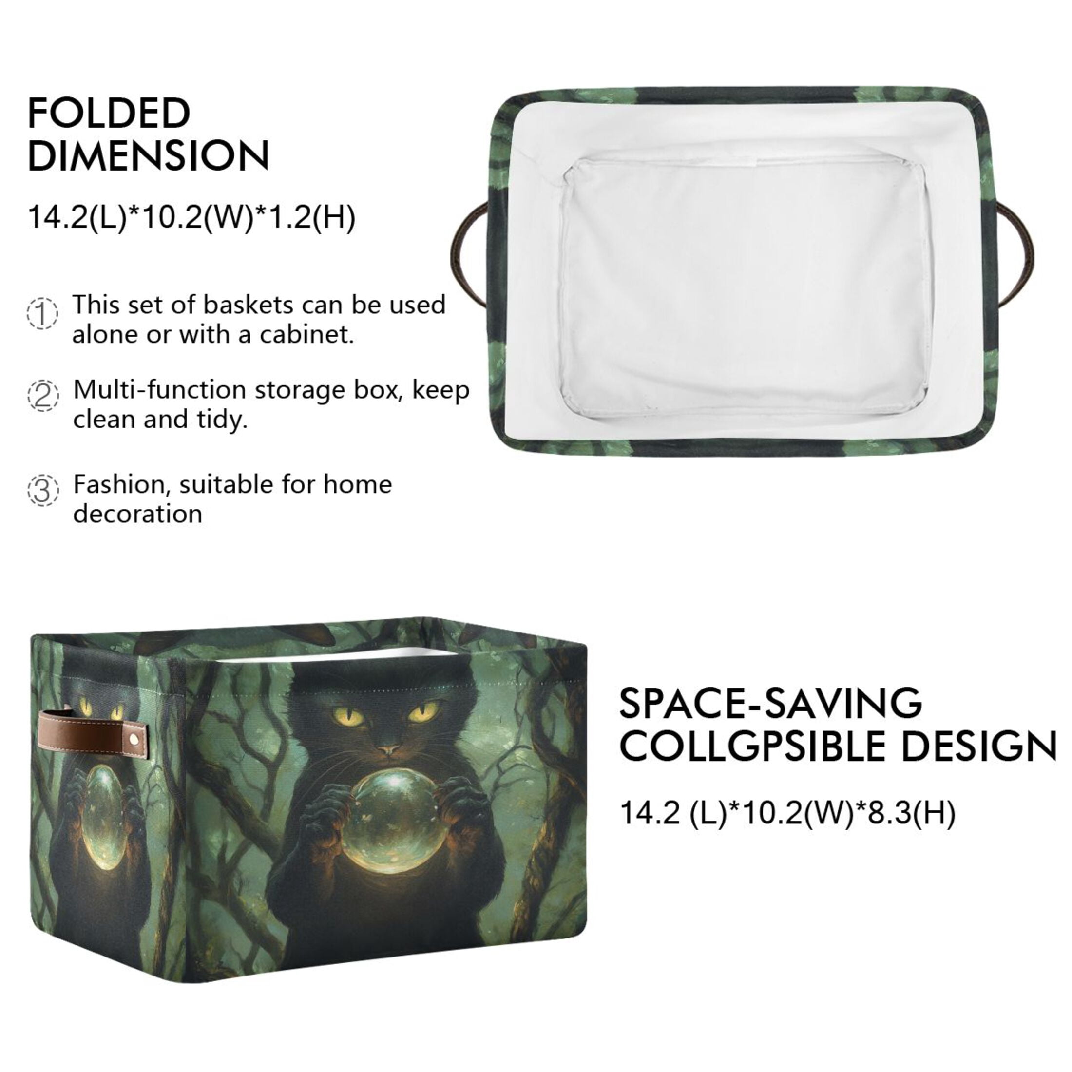 WOBOGO Black Cat Magic Ball Square Storage Basket with Waterproof Canvas and PE Lining Durable PU Leather Handles 14.2×10.2×8.3in