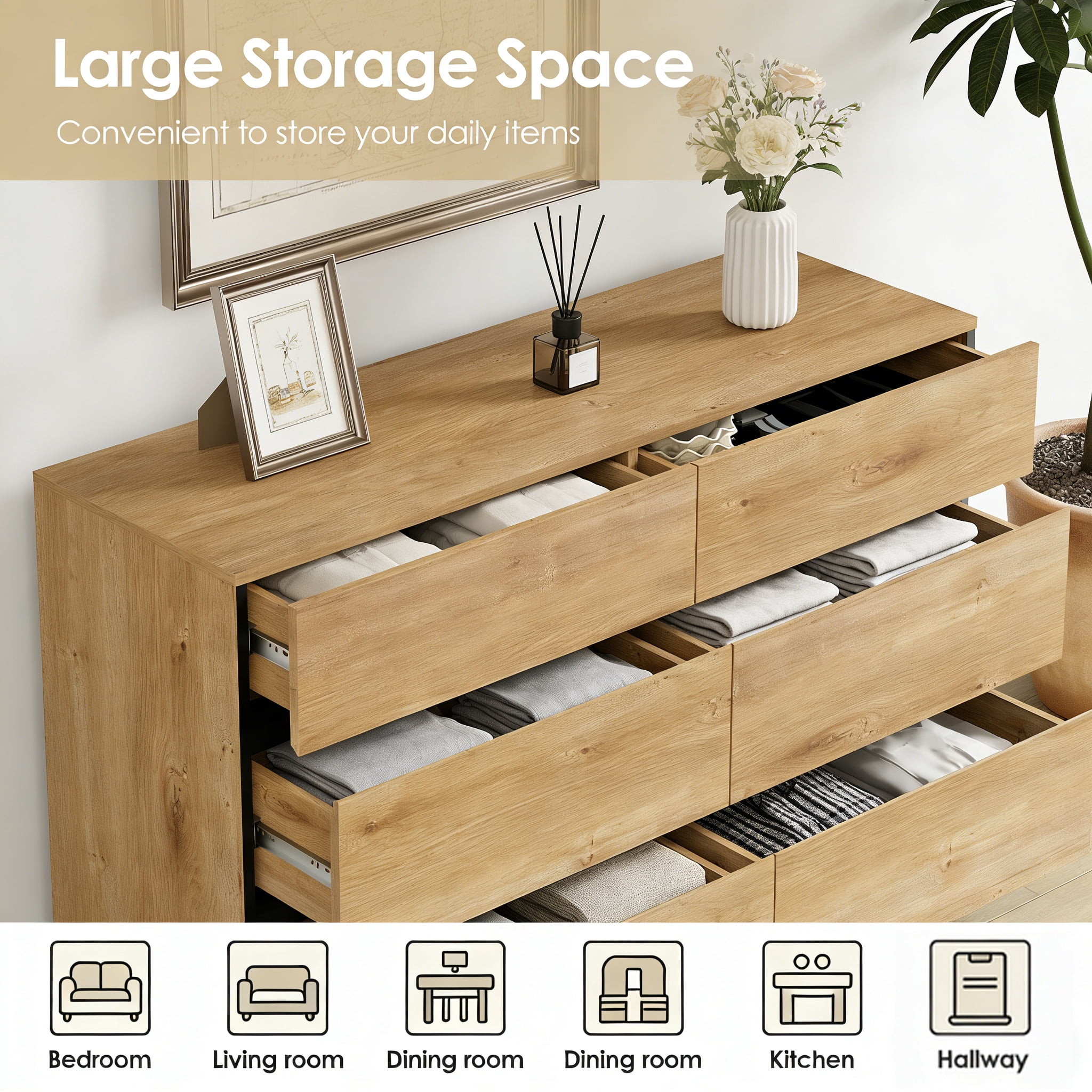 3 In 1 Sideboard Buffet Cabinets With 12 Drawers, Modern Sideboard Credenza With Metal Base, Coffee Bar Cabinet Storage Cabinet,Oak