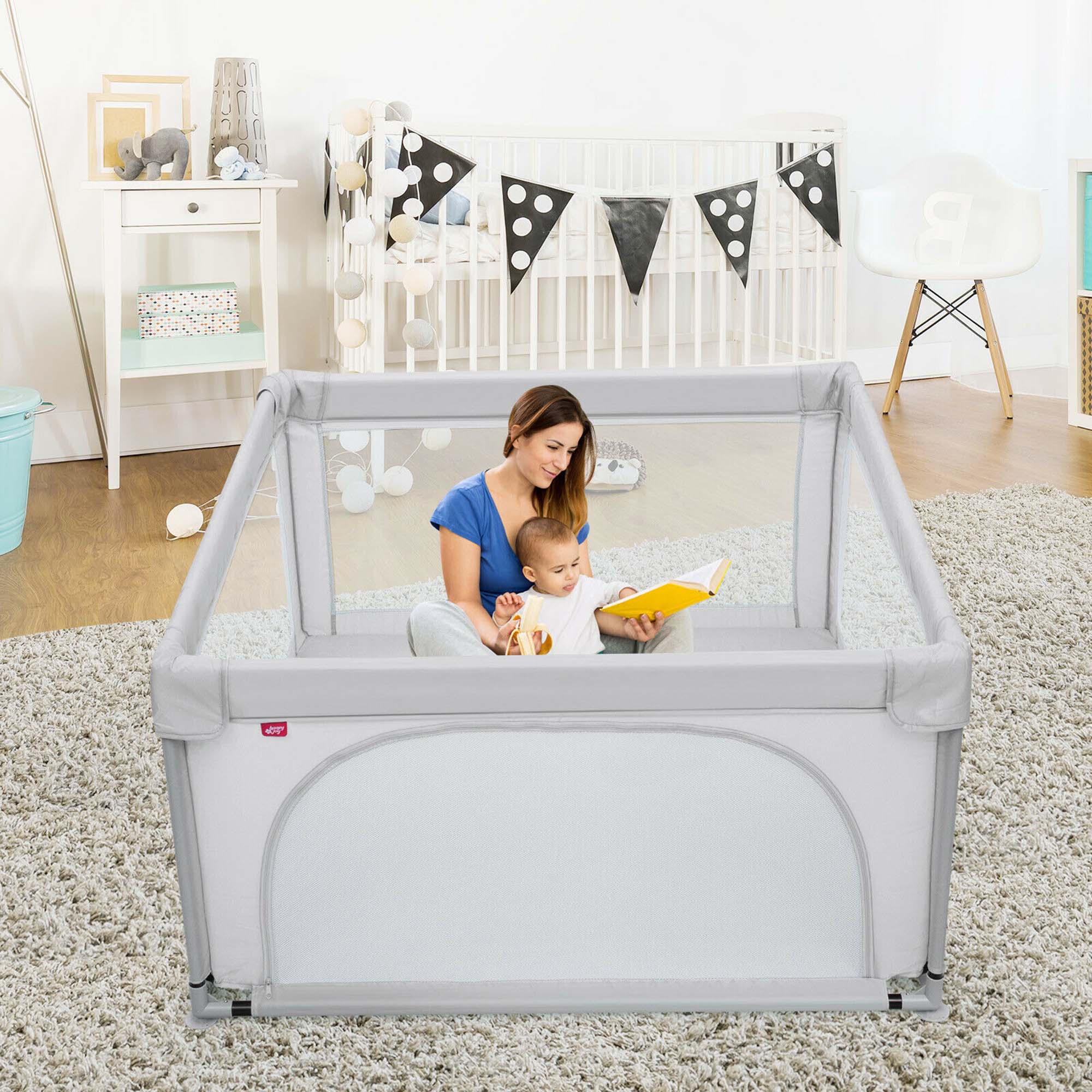 Costway Baby Playpen Infant Large Safety Play Center Yard w/ 50 Ocean Balls Grey