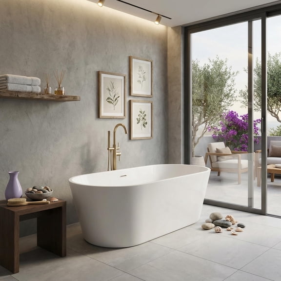 59 Inch Acrylic Freestanding Bathtub, Modern Oval Tub with Overflow & Drain, White