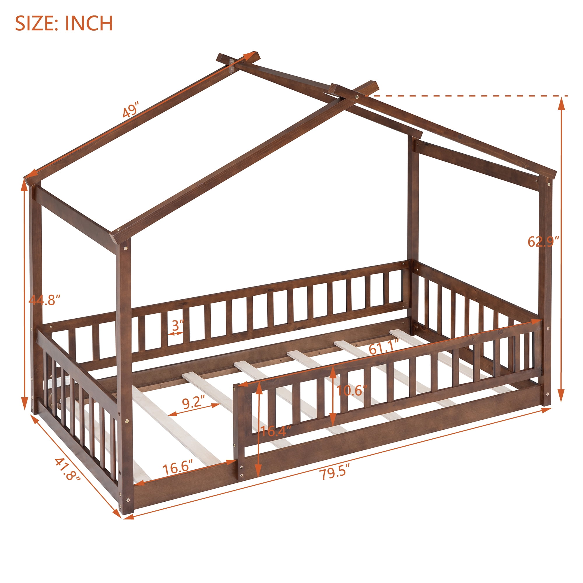 Cadre de lit cabane en bois Noble House pour lit simple avec clôture, noyer