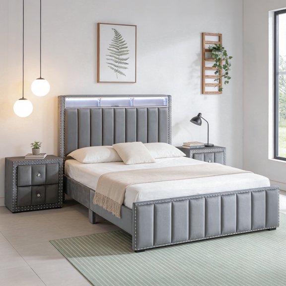 Leovanni Modern 3-Piece Full Upholstered Bedroom Set with Platform Bed and 2 Nightstands, Storage Headboard with Charging Station, Dark Gray