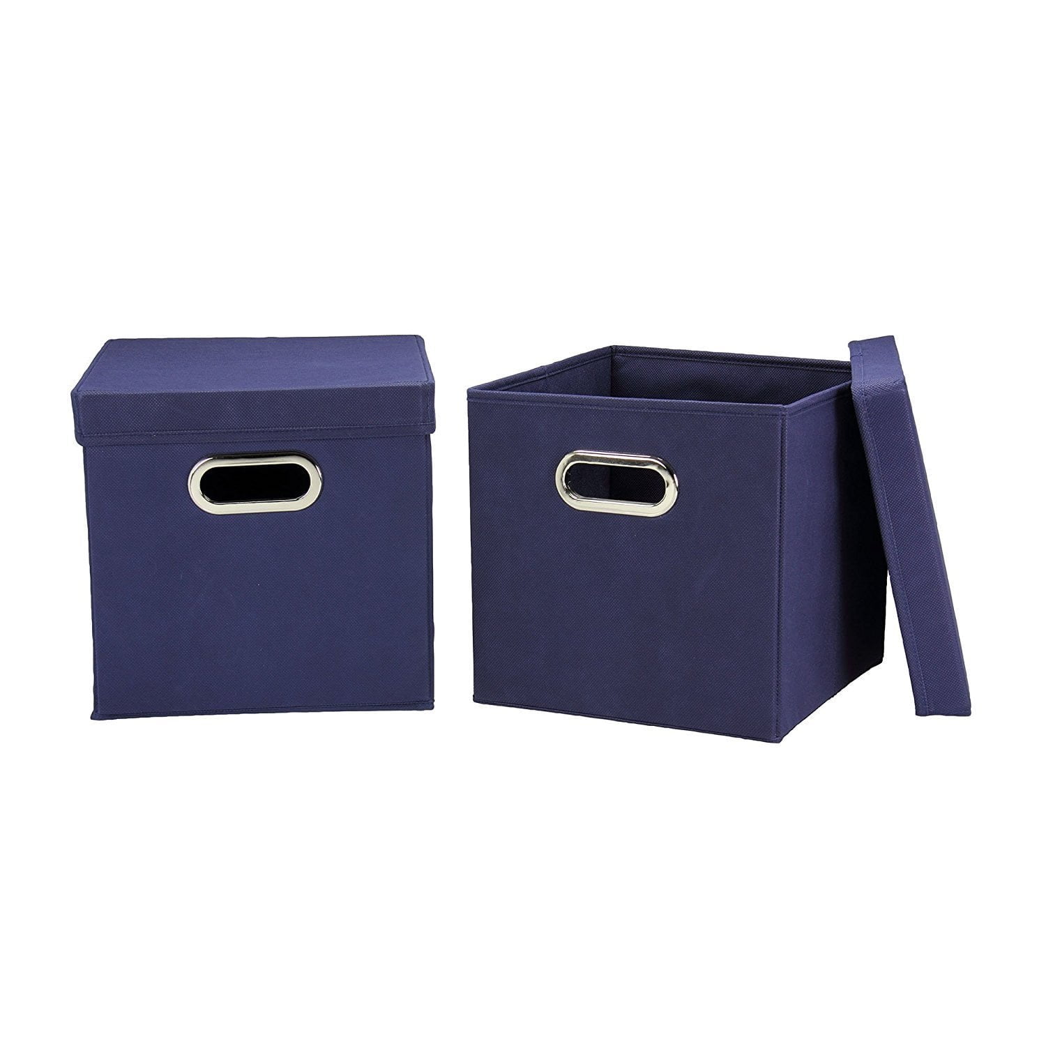 Household Essentials Storage Bins with Lids, Set of Two Collapsible Fabric Cube Storage Boxes with Grommet Handles, Navy Blue