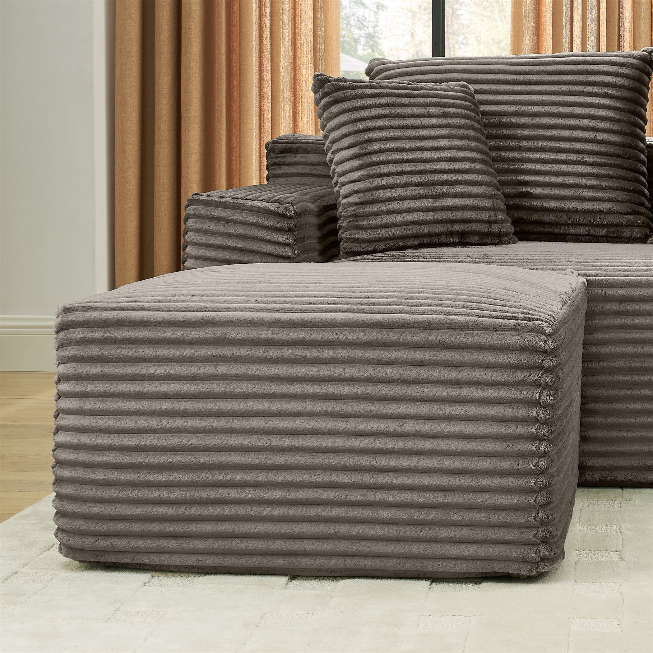Aukfa 115" Cloud Sectional Sofa U Shape Modular Boneless Couch for Living Room, 2 Ottoman&Pillows, Corduroy, Brown