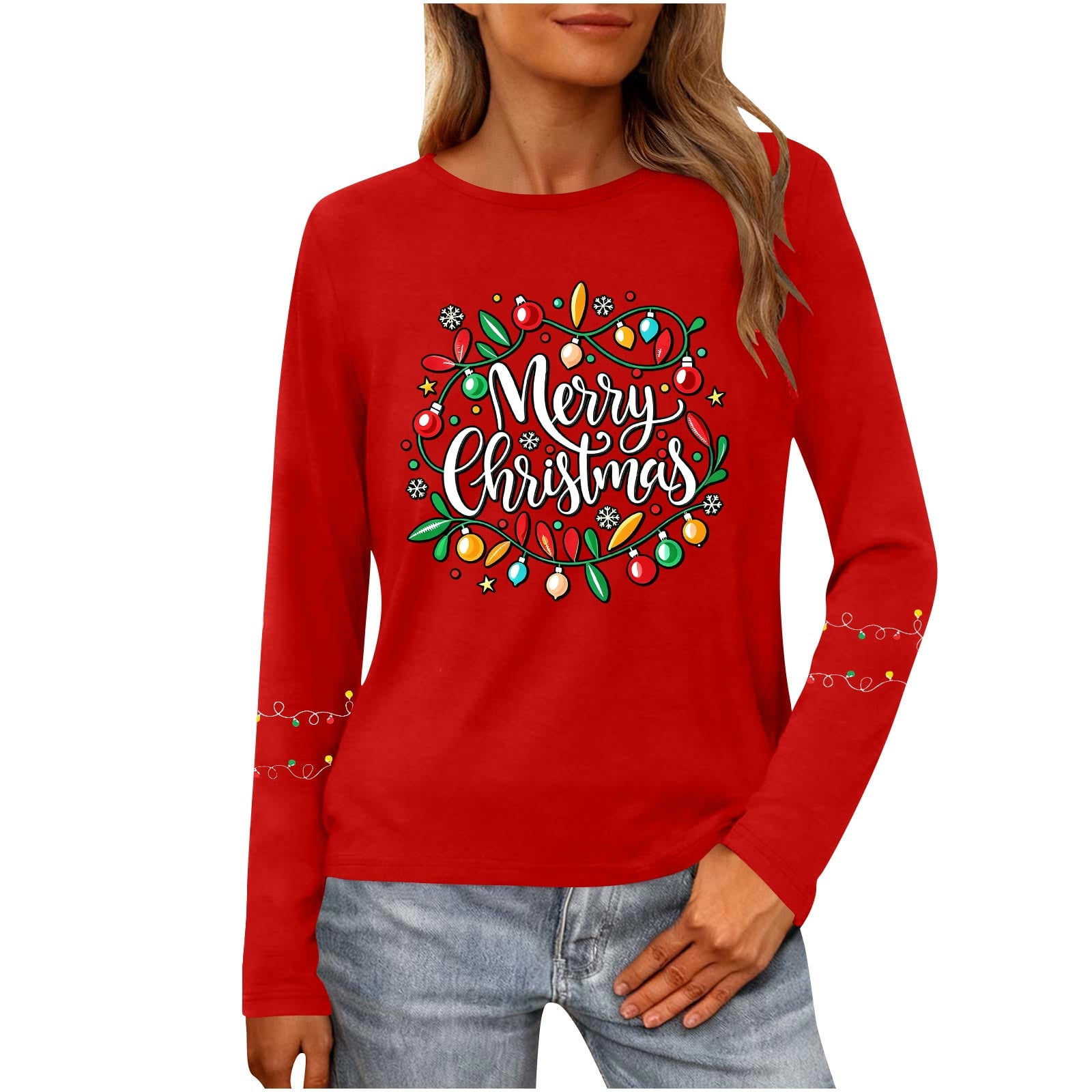 Women s Christmas Shirt Long Sleeve Tree Letter Print Crewneck Pullover Top Red-20 3XL