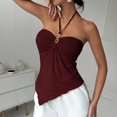 thumbnail image 7 of Domzest Womens Asymmetrical Hem Halter Tank Top Slim Fit Blackless Metal Ring Front Ruched Top Summer Tie Up Cami Tank Wine M, 7 of 7