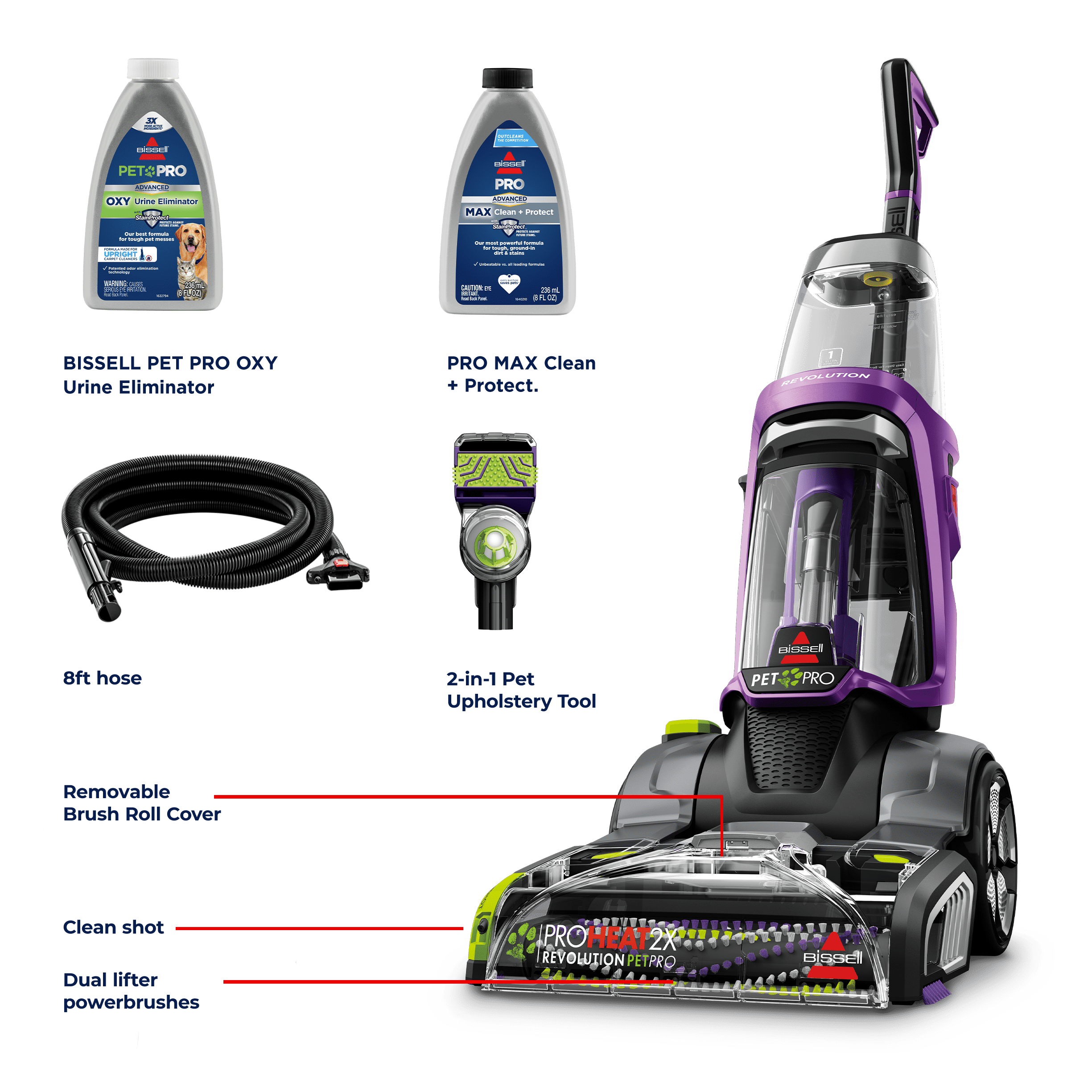 BISSELL ProHeat 2X Revolution Pet Pro Upright Deep Cleaner, for Carpets and Upholstery, Turbo Strength Motor Technology, 3 Cleaning Modes, Heatwave Technology, 3586, Purple