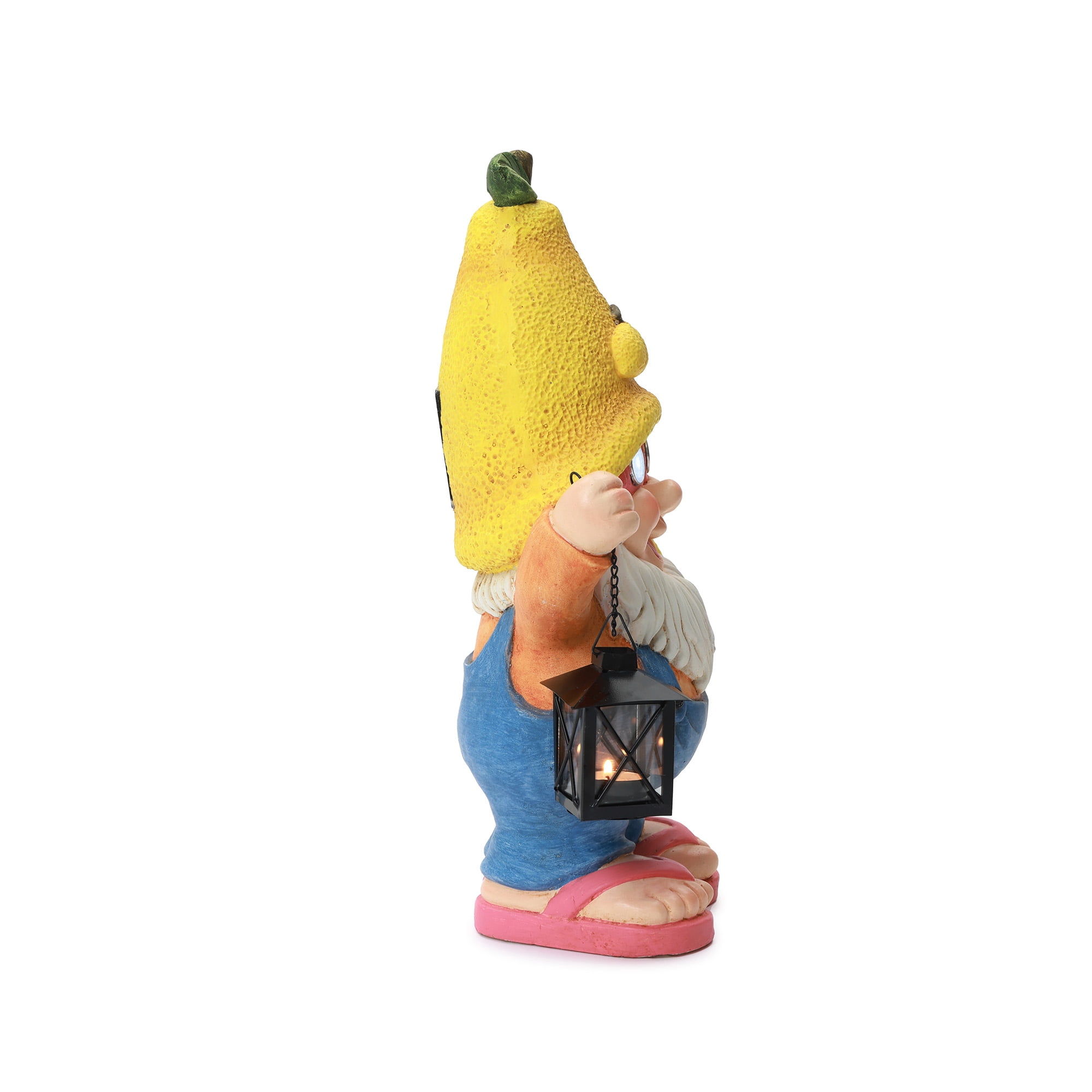 LuxenHome 18" Solar Powered Garden Gnome Outdoor Statue with Lantern, Lemon Hat Gnome Sculpture for, Lawn, Garden