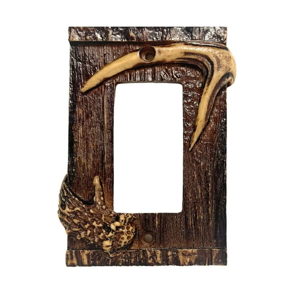Single Rocker Decorative Light Switch Cover Plate with Faux Wood and Antler Accents - Rustic Electrical Switch Plate & Outlet Cover for Lodge Cabin - Ideal for Outdoor Nature-Theme Lovers