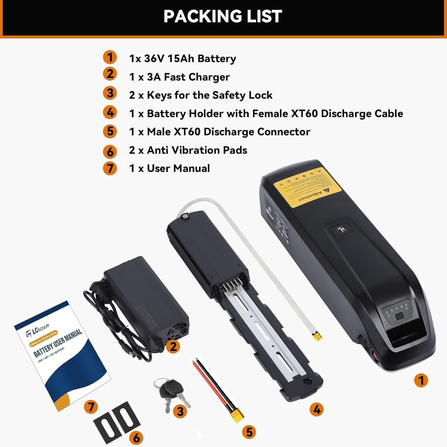 LGECOLFP 5-Pin 48V 15Ah Lithium Ion Replacement Battery with USB Charging Port for Up to 1000W Motor