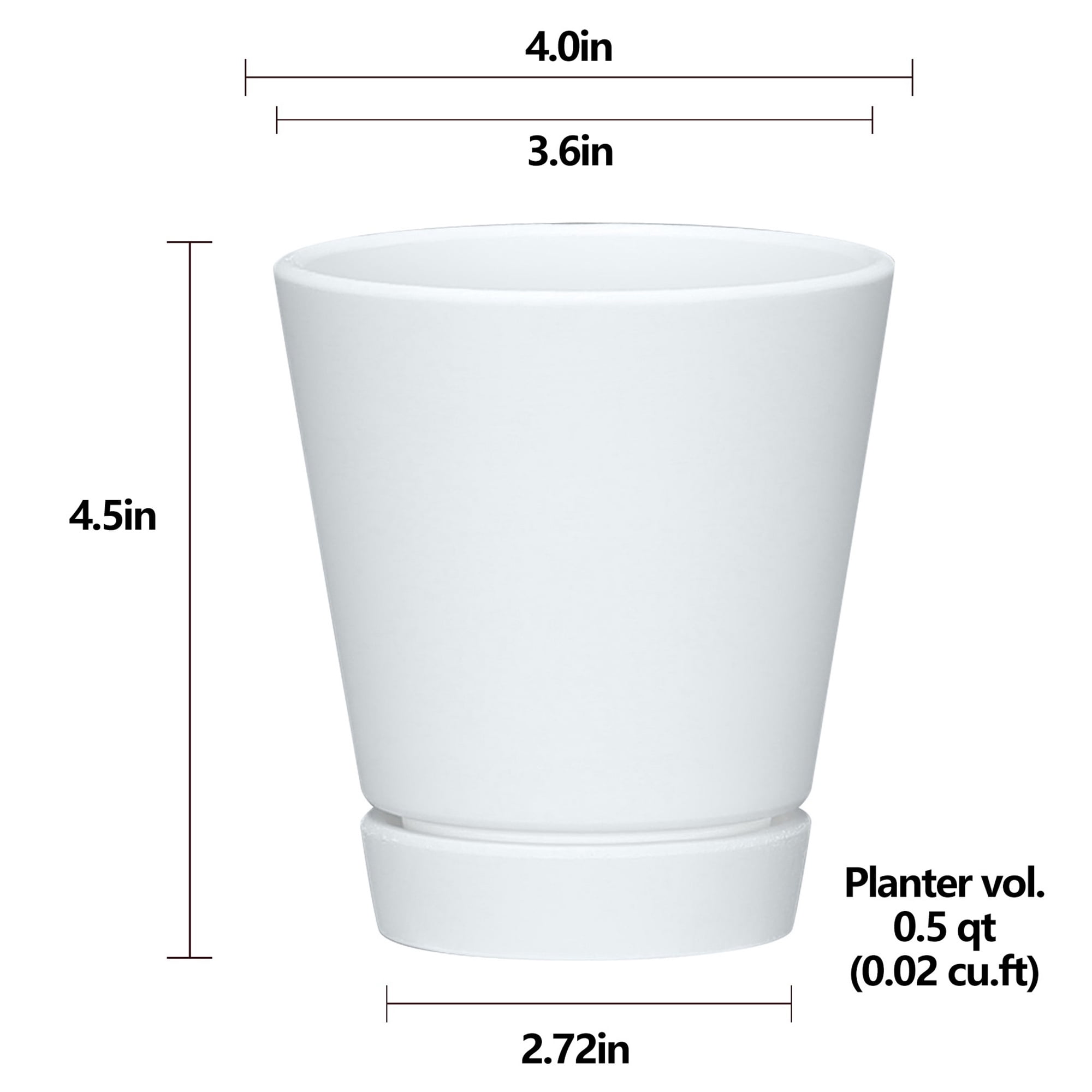(2 pack) Mainstays Recycled Resin Planter with Attached Saucer, White, 4in x 4in x 4.5in