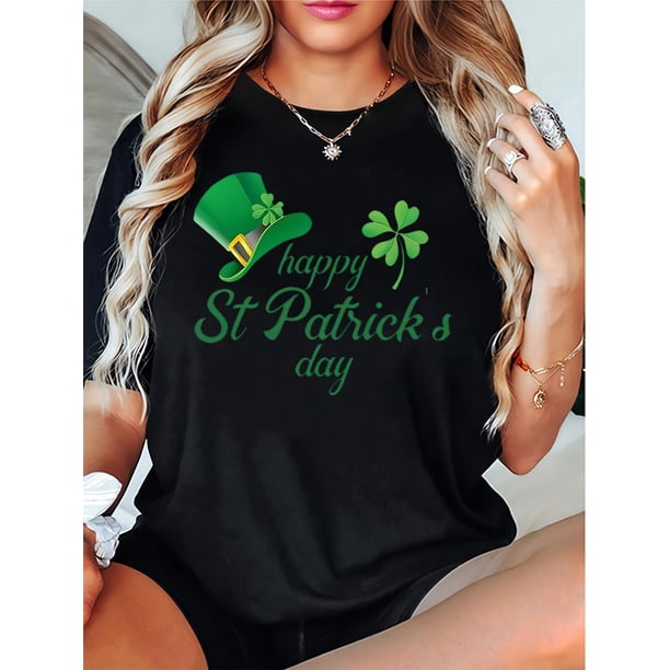 Camisetas De Manga Corta Para Mujer, Camisetas De Verano Para Deportes, Pesca, SenderismoWomen's St. Patrick's Day White T-Shirt - Crew Neck, Short Sleeve, Leprechaun Hat & Shamrock Print, Camisetas