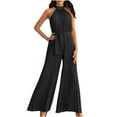 thumbnail image 1 of Womens Summer Sleeveless Halter Neck Work Rompers Plain Elegant Dressy Pleated Wide Leg Jumpsuits with Belt, 1 of 5