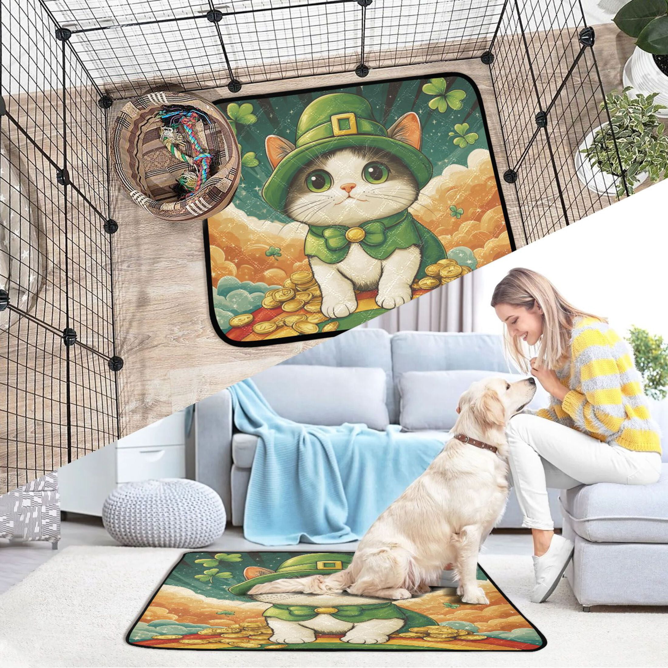 Qxltty St Patricks Cat Cat litter Pads Pet Set of 2 Diaper Mats Center Anti-leakage Layer Absorbent Soft and Comfortable