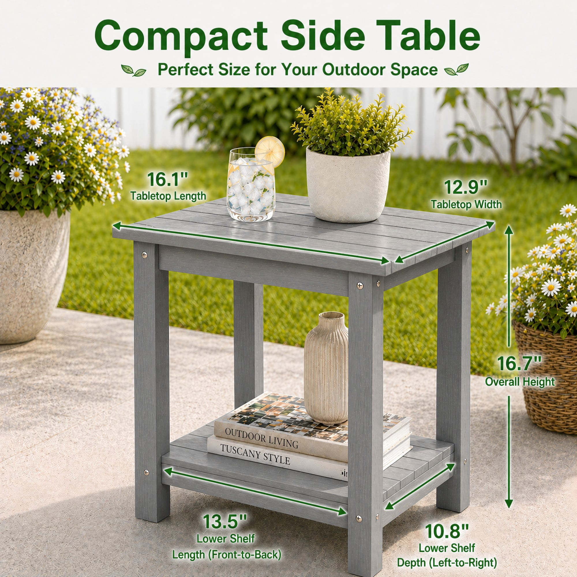 Y&M Outdoor Side Table, HDPE Patio End Table for Adirondack Chair, Weather Resistant Small Accent Table, Gray, Double Layer
