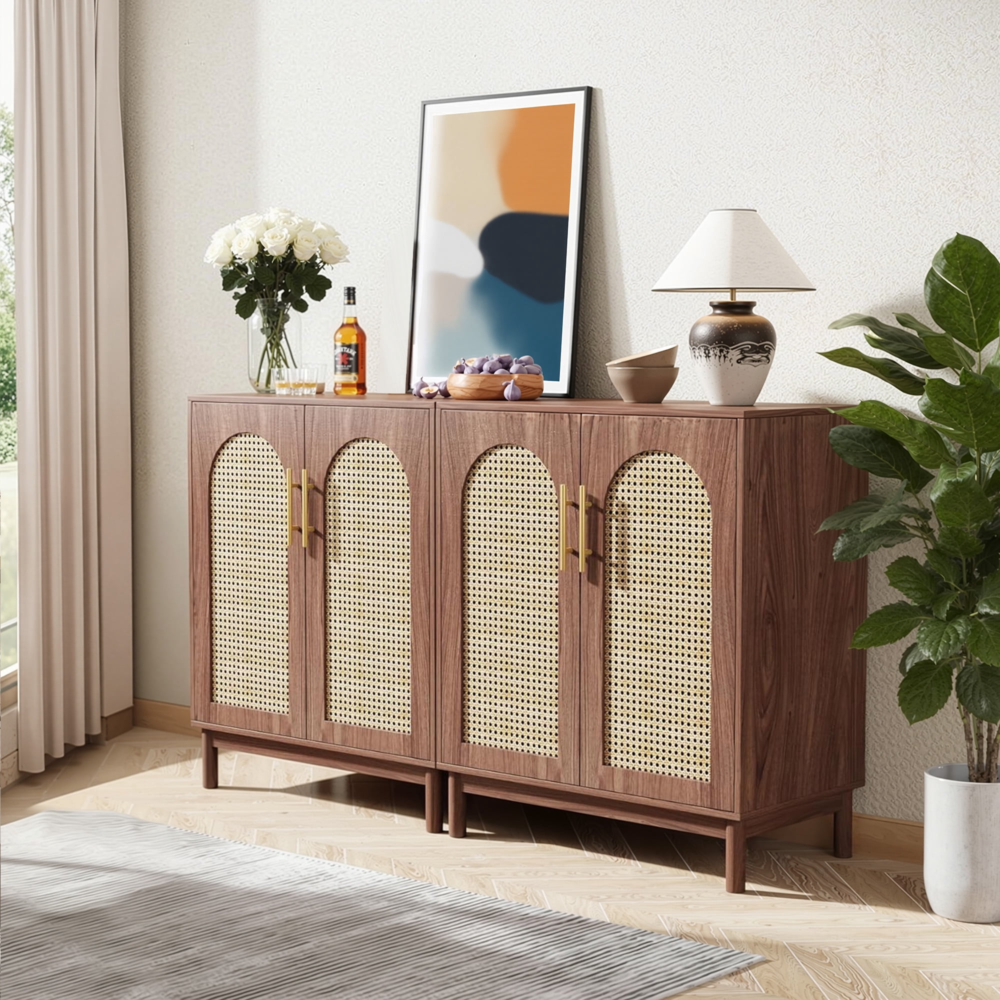 MAYEERTY Set of 2 Rattan Sideboard Buffet Cabinet, Handmade Natural Rattan Door Storage Credenza, MDF Wood Coffee Bar TV Console for Dining Living Room