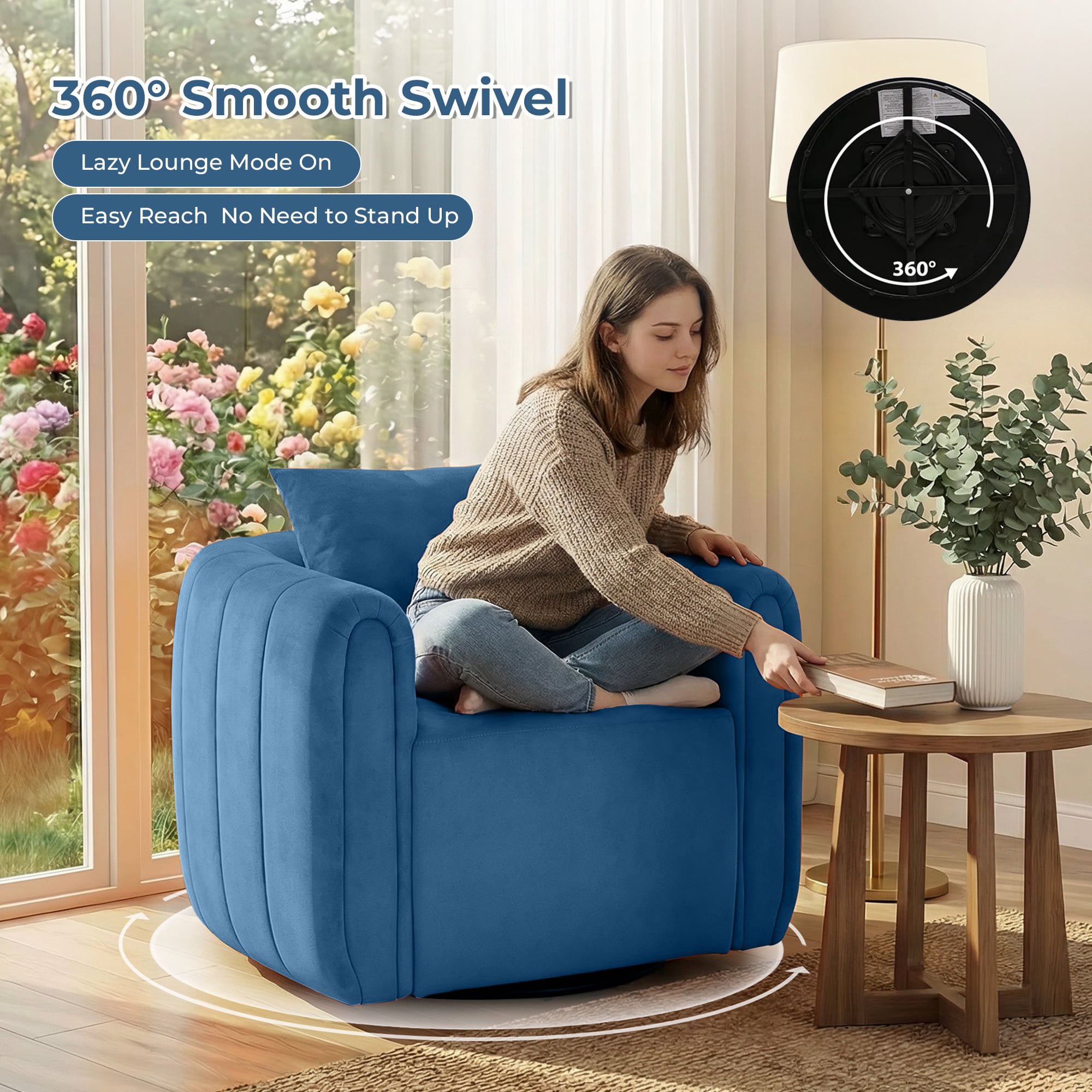 Ebello  Swivel Accent Chair, Modern Velvet Living Room Chair with Pillow, Barrel Chair for Bedroom & Reading Corner (Blue，1 Pack，Fully Assembled )