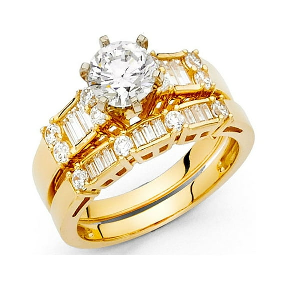 14k Solid Italian Yellow Gold 1.50 ct CZ Round Wedding Ring Duo Set