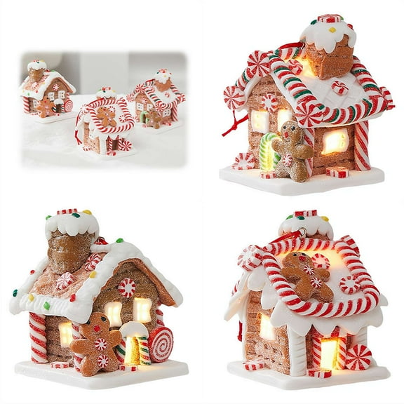 3 Pcs Lighted Christmas Gingerbread House Decoration, Light Up Christmas Candy Gingerbread House Pendant for Home Decor Holiday Decor