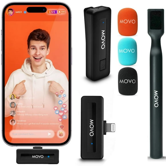Movo Mini DI Ultra Compact Microphone Lavalier Sans Fil pour iPhone avec Adaptateur WMX-HM - Micro Cravate avec Poignée pour Créateurs de Contenu, Interviews, Reportings et Plus