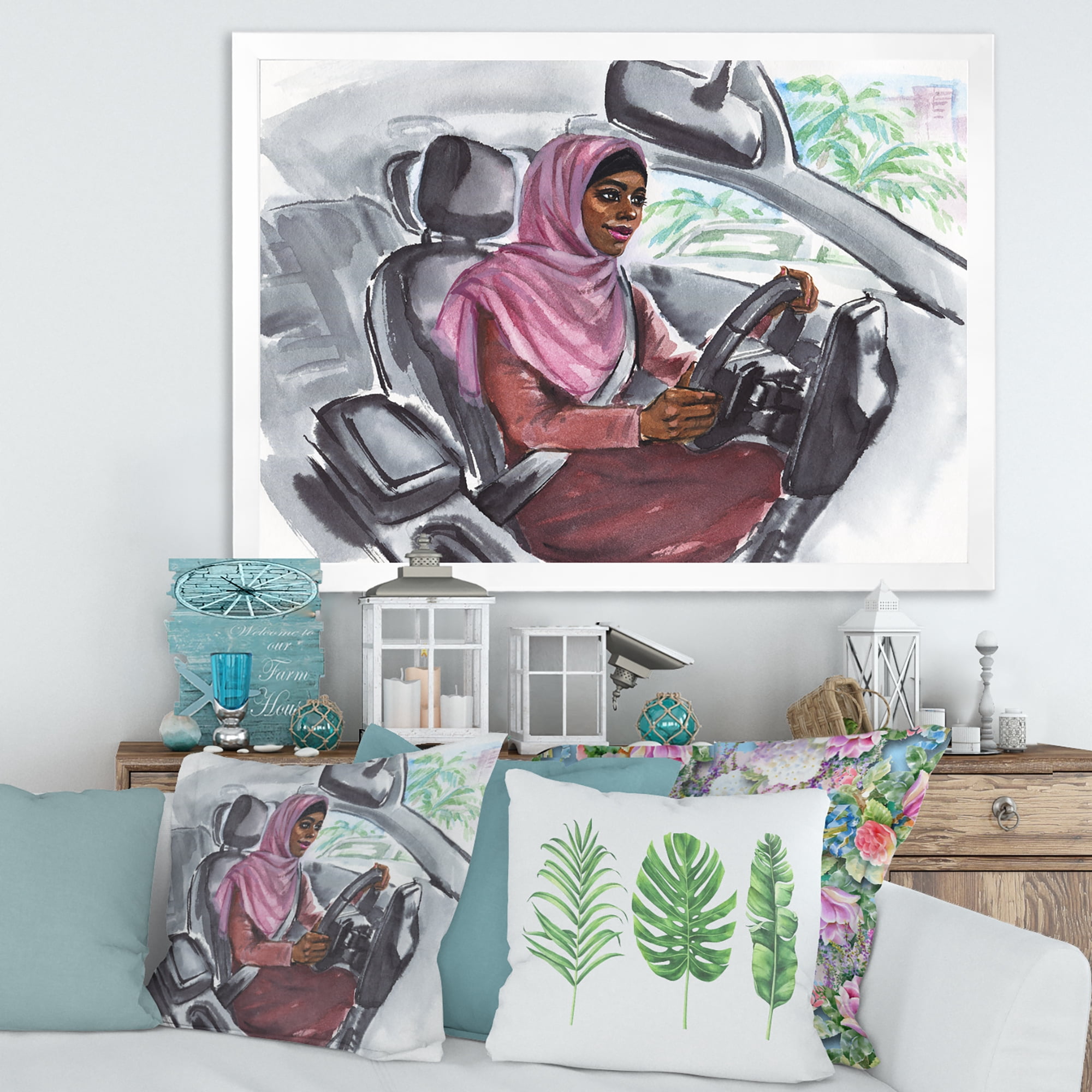 Designart 'Arabian Lady Driving A Car III' Modern Framed Art Print