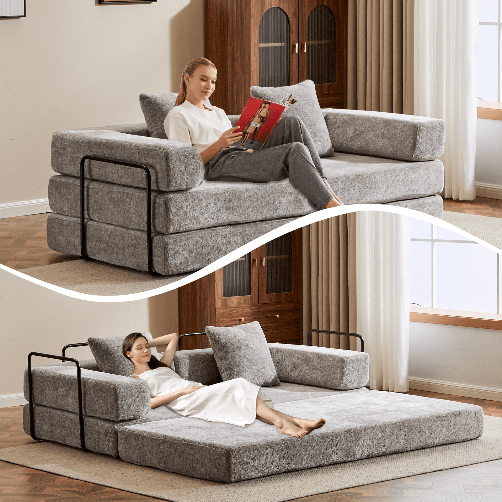 Alvantor 77" Convertible Sofa Bed, Compression Couch with 2 Pillow and Back Support Armrest for Living Room, Light Gray