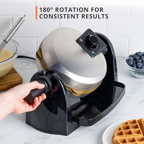 Waffle Maker, Rotating Belgian Waffle Maker, 180° Flip Waffle Iron, Ceramic Non-Stick Plate, 3 Browning Control Levels, Foldable Cool Touch Handle, Removable Drip Tray, Stainless Steel