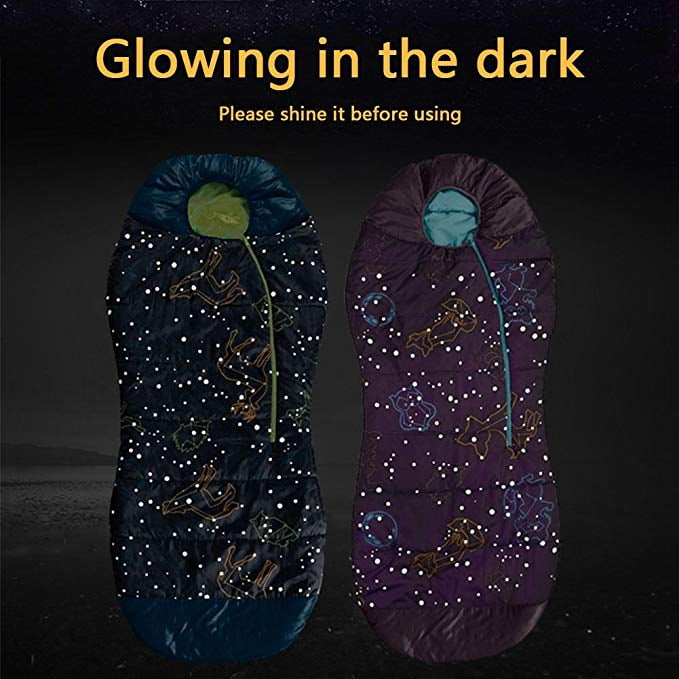 Blue Purple Mummy Style Toddler Sleeping Bag Extreme Temp Rating 30F Travel Slumber Party AceCamp Kids Sleeping Bags for Boys Girls Camping Glow-in-The-Dark Sleeping Bag