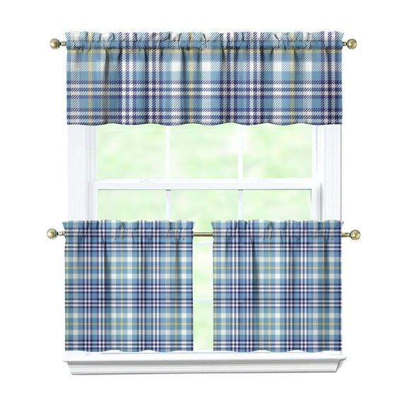 Kitchen Curtains 24 Inch Short - 3 Panel Set, Rod Pocket Window Curtain, 100% Polyester for Farmhouse, Cafe, Kitchen, Living Room, Bedroom, Rustic Buffalo Plaid & Geometric Design, Easy Wash