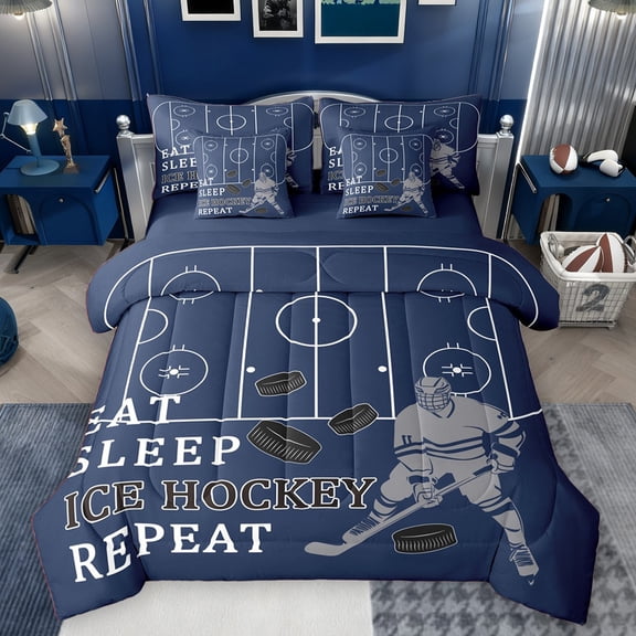 Castle Fairy Boys Girls Eat Sleep Ice Hockey Twin Bedding Sets 7-Piece,Ball Gamer Bedding Comforter Set Microfiber,Sport Theme Breathable Sheet Sets,Luxury Bedroom Decor,Reversible